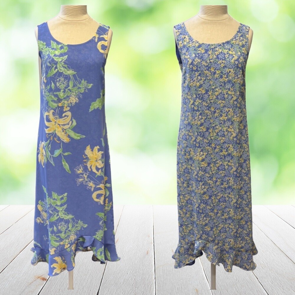 EMMA JAMES Reversible Floral Midi Dress Travel Wedding Guest Resort Blue Size 6P